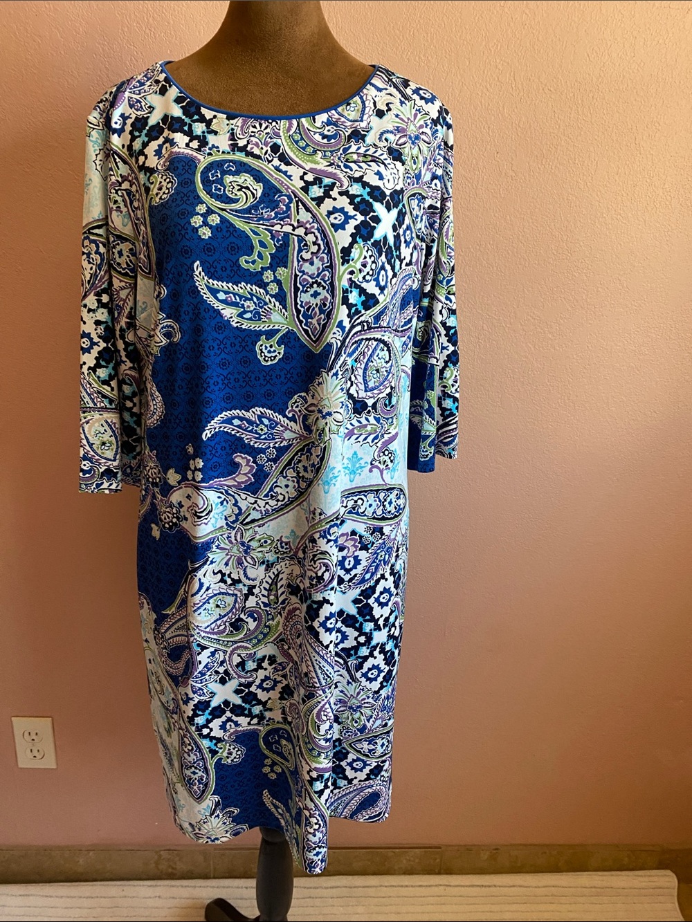 CHICO’S Blue & White Paisley 3/4 Sleeves Shift Dress
